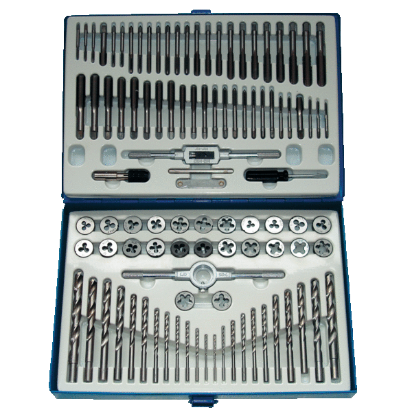 Coffret datelier 100 pièces, avec 40 tarauds individuels HSS, 10 filières extensibles, 10 filières hexagonale, 23 forets HSS et accessoires