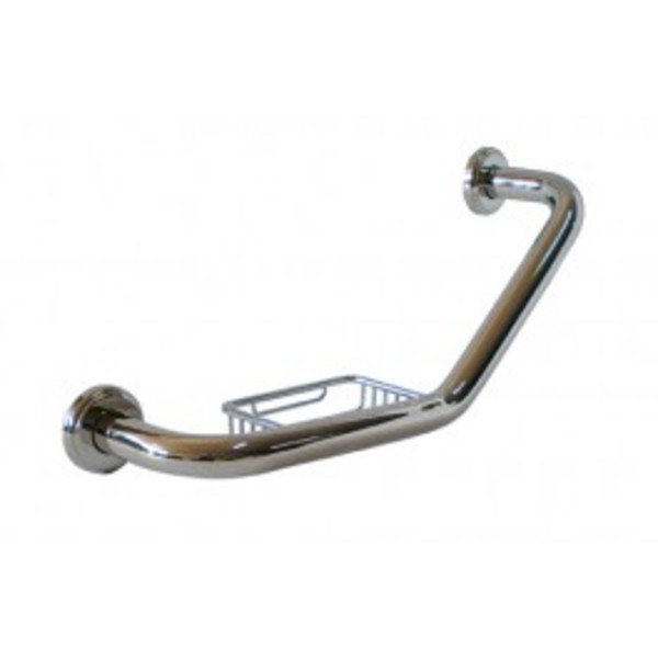 Stainless steel curved grab bar with soap holder